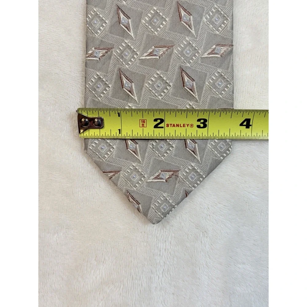 Ermenegildo Zegna Men's Geometric Beige Brown White 100% Silk Satin Tie‎